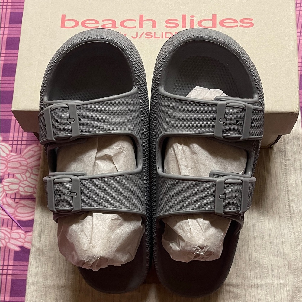 J/SLIDES Gray Double Buckle Beach Slides